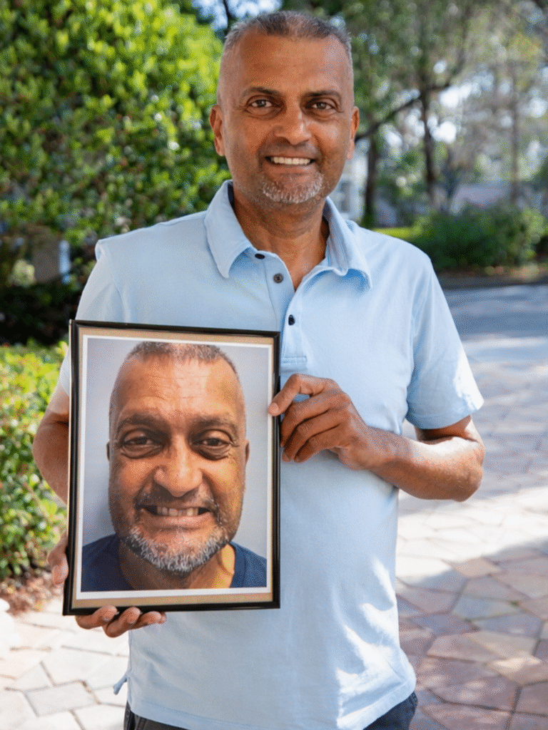 Dr. Dham's patient TJ smiling with his before photo from full mouth reconstruction